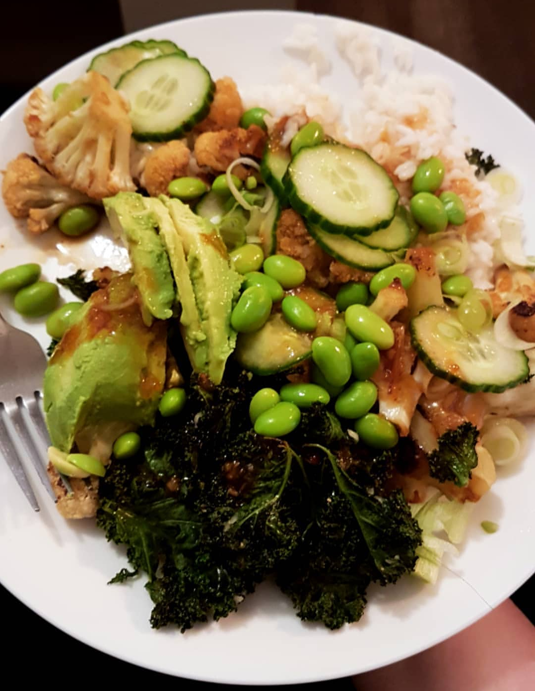 sweet chili soy cauliflower with garlic kale