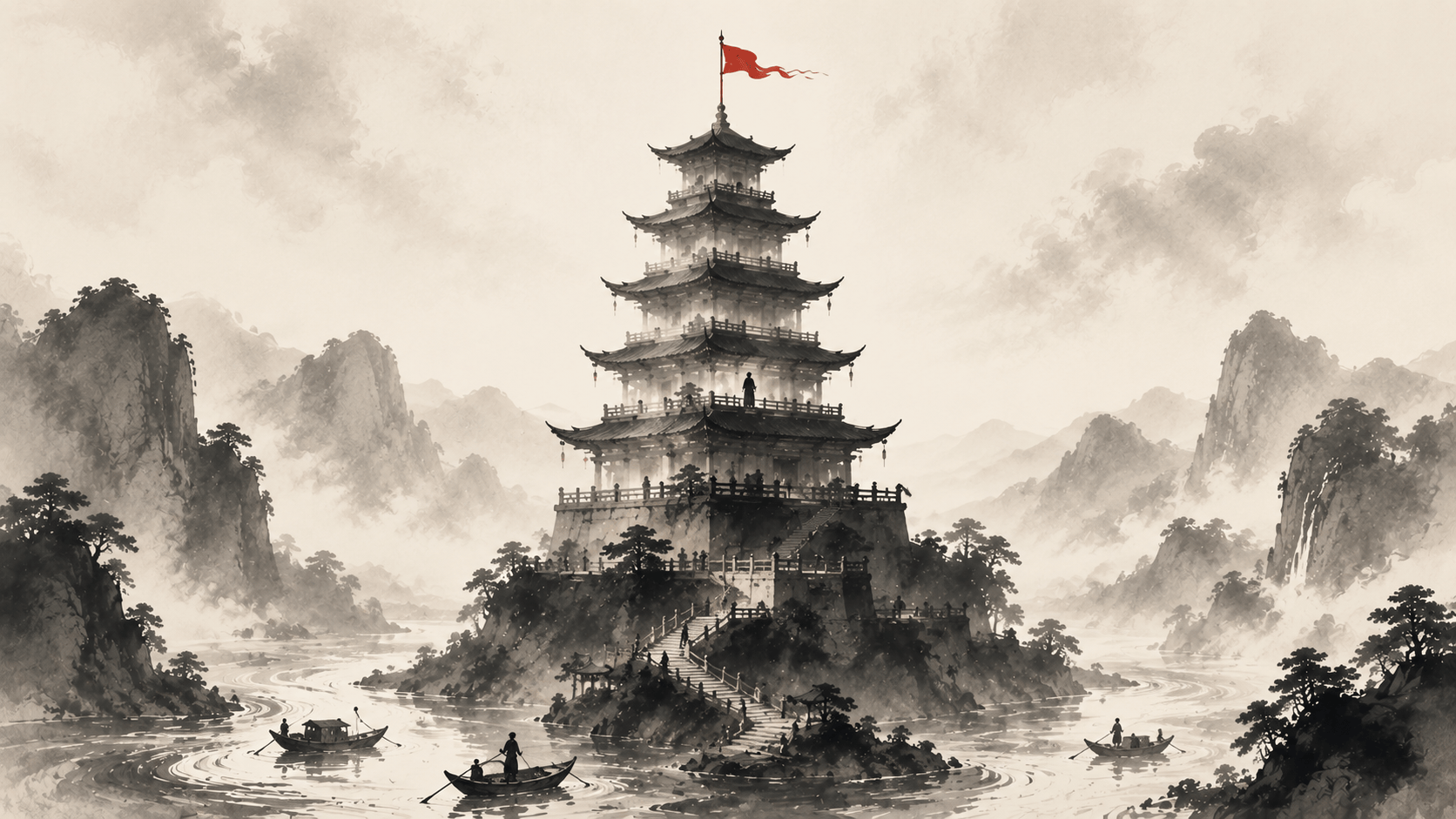 The Human Intent Stack: minimalist sumi-e style illustration of a multi-tiered pagoda rising through mist above mountains and flowing rivers, with a red flag at the summit symbolising purpose and intent. The layered structure represents the Human Intent Stack, showing the relationship between human purpose, strategic intent, governance, execution, and AI-driven systems in the agentic era.