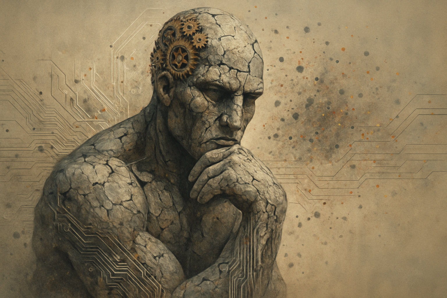 A man-like figure made of clay cogs thinks deeply, representing AI.