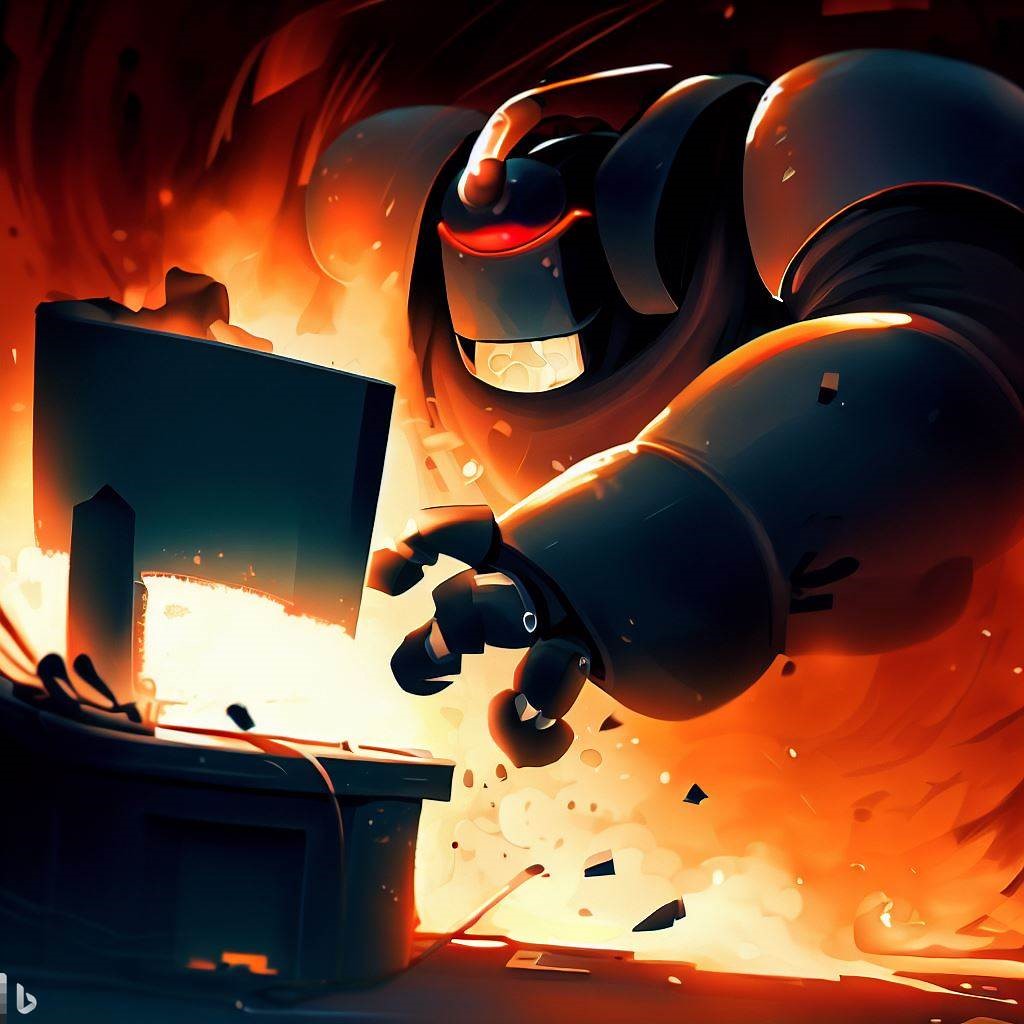 A menacing robot destroying a computer