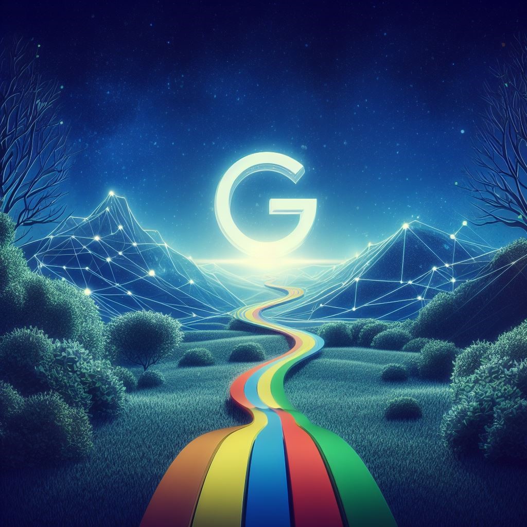 Digital landscape with a pathway leading to a prominent Google search bar, symbolizing the SEO optimization journey.