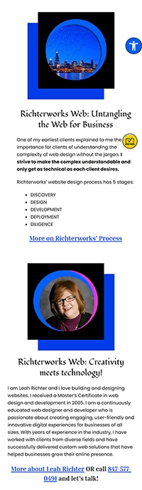 2 sections of Richterworks Website showing stacking on responsive mobile website