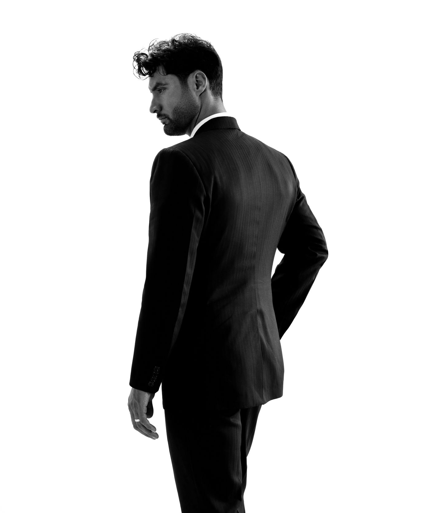 Black-and-white fashion portrait in formal menswear