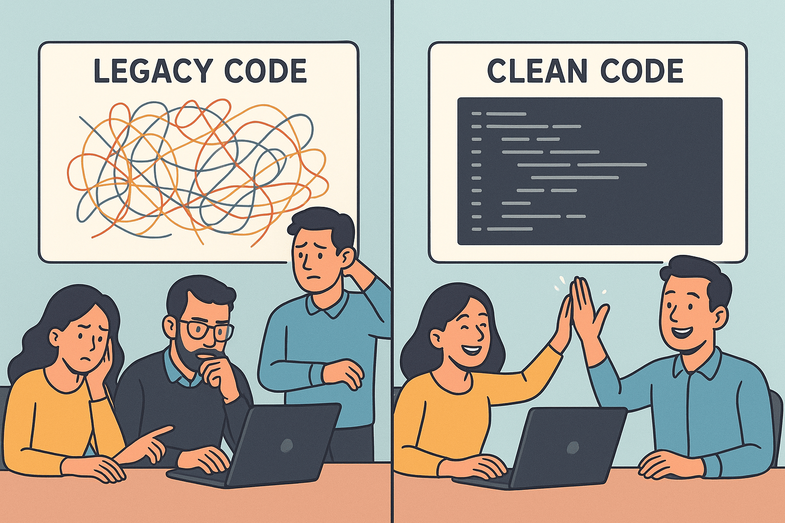 AI-generated two panel cartoon image. On the left hand side, some engineers are frustrated with legacy code. On the right hand side, the same engineers are celebrating their cleaner codebase. I don't know where the third engineer has gone 😃