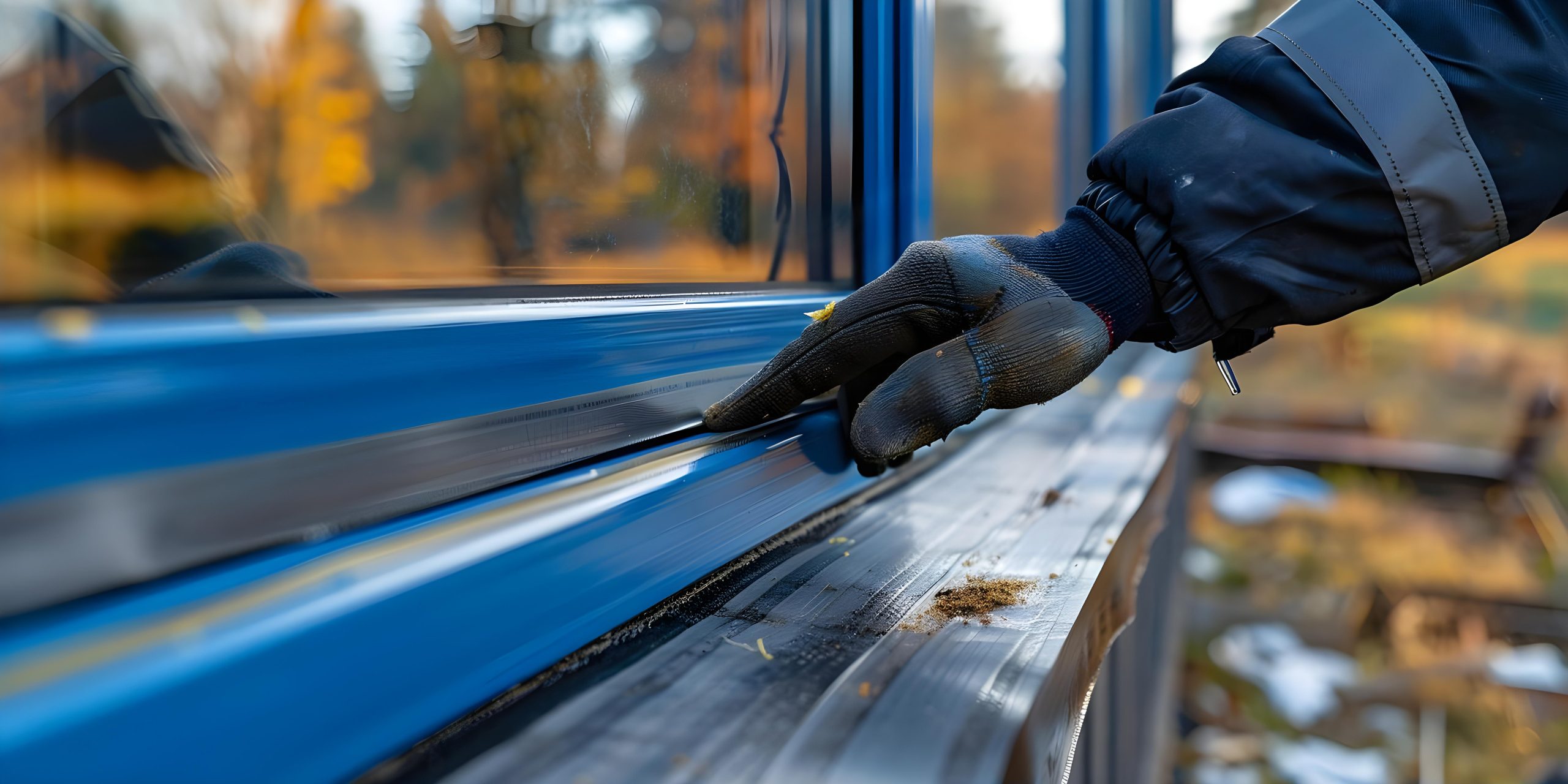 A close-up of a gloved hand carefully inspecting or adjusting a window frame, showcasing fine craftsmanship in restoration work.