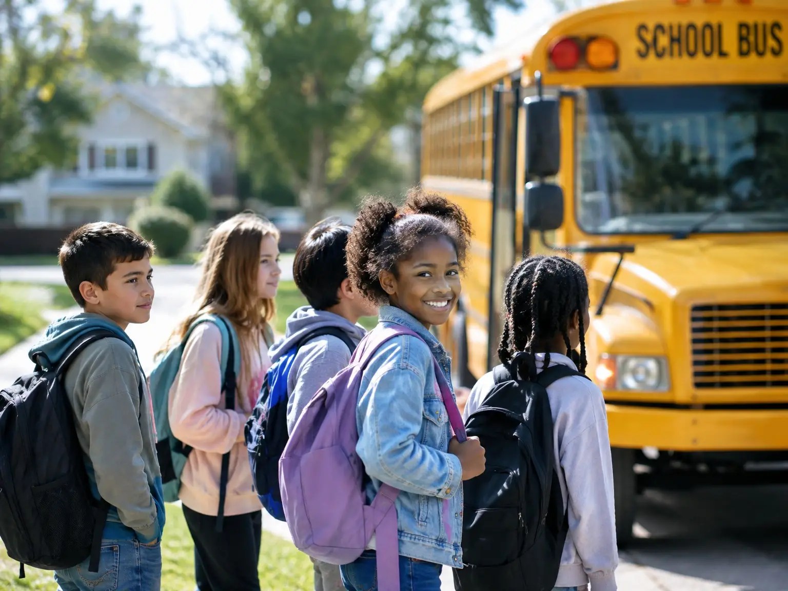 Young kids boarding a school bus at a residential bus stop.