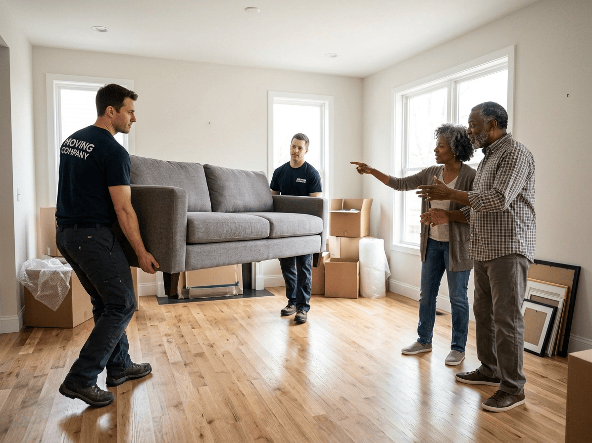 An older couple directing movers on the placement of a couch in their new home.