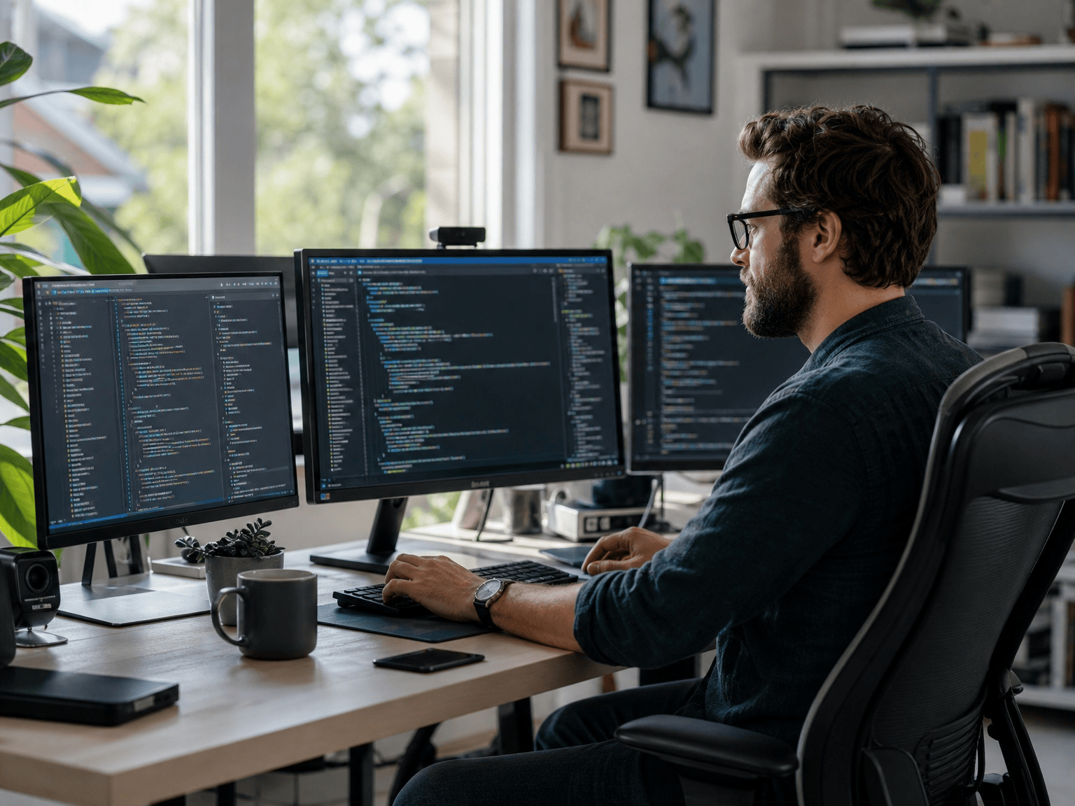Worker performing software development in their brightly lit home office.