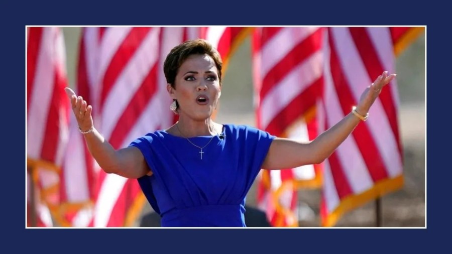 2 Kari Lake speaking at a campaign rally after securing Trump's endorsement for the US Senate nomination.