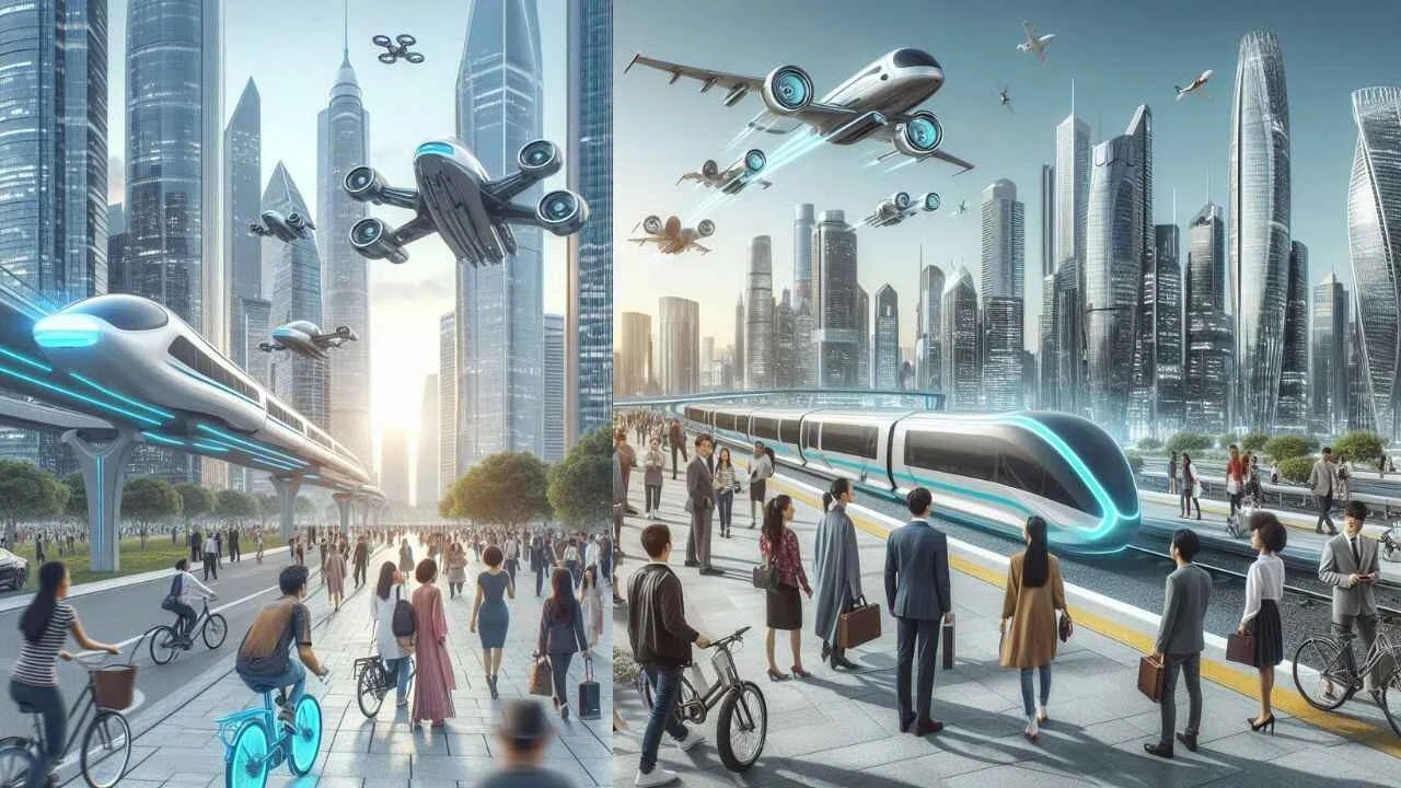 Transportation Updates & Future Tech Shaping Global Travel, a collage of people and a train