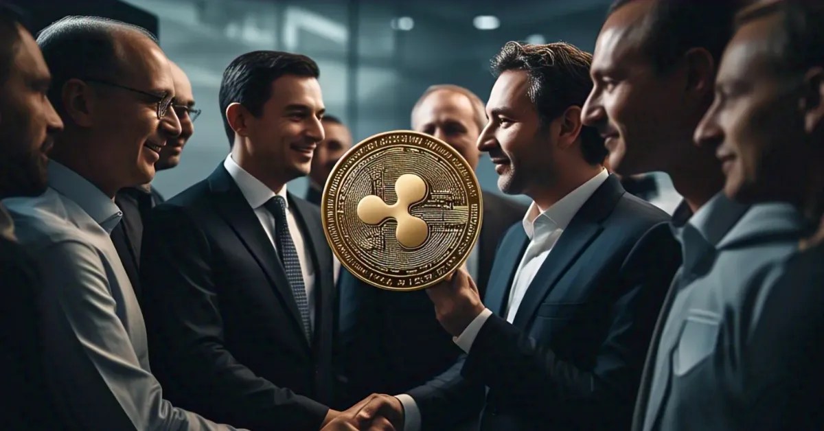 Business executives in suits holding a large Ripple coin, symbolizing DFSA approval for Ripple USD in the cryptocurrency market.