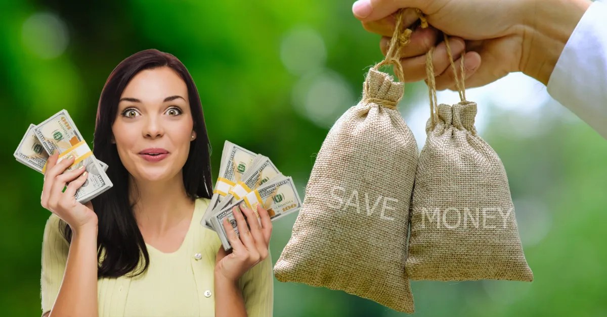 A happy woman holding cash alongside a hand holding money bags labeled 'Save Money' with a green background.