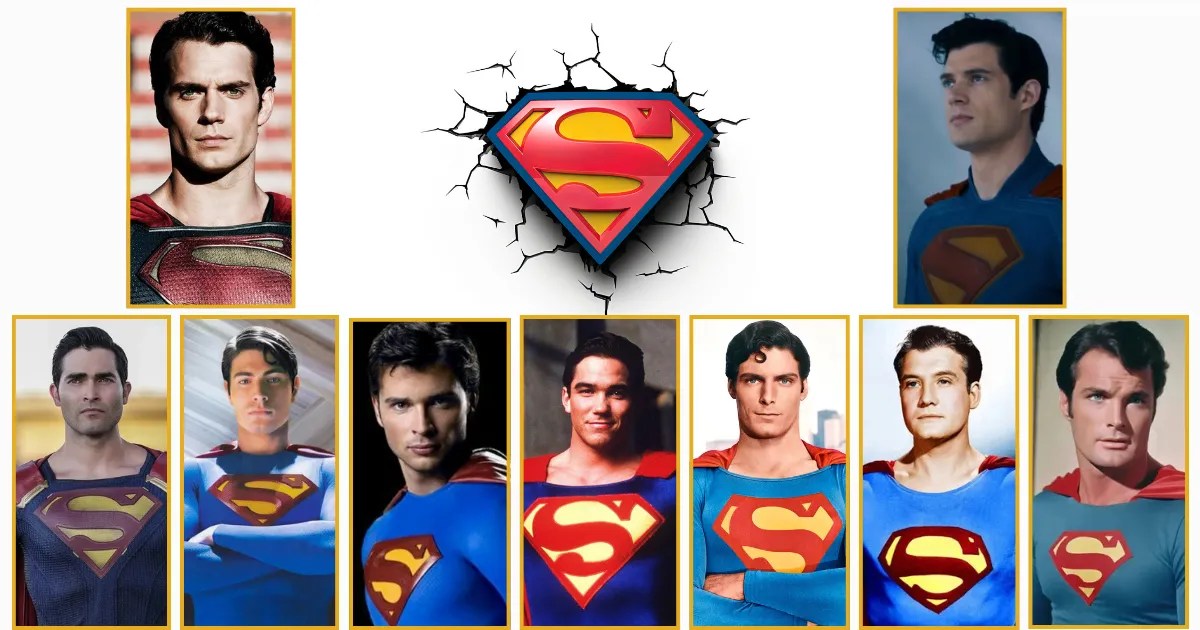 Explore every Superman actor ranked, including Henry Cavill, Tyler Hoechlin, Brandon Routh, Tom Welling, Dean Cain, Christopher Reeve, Kirk Alyn, and George Reeves, with the iconic Superman logo breaking through the center.