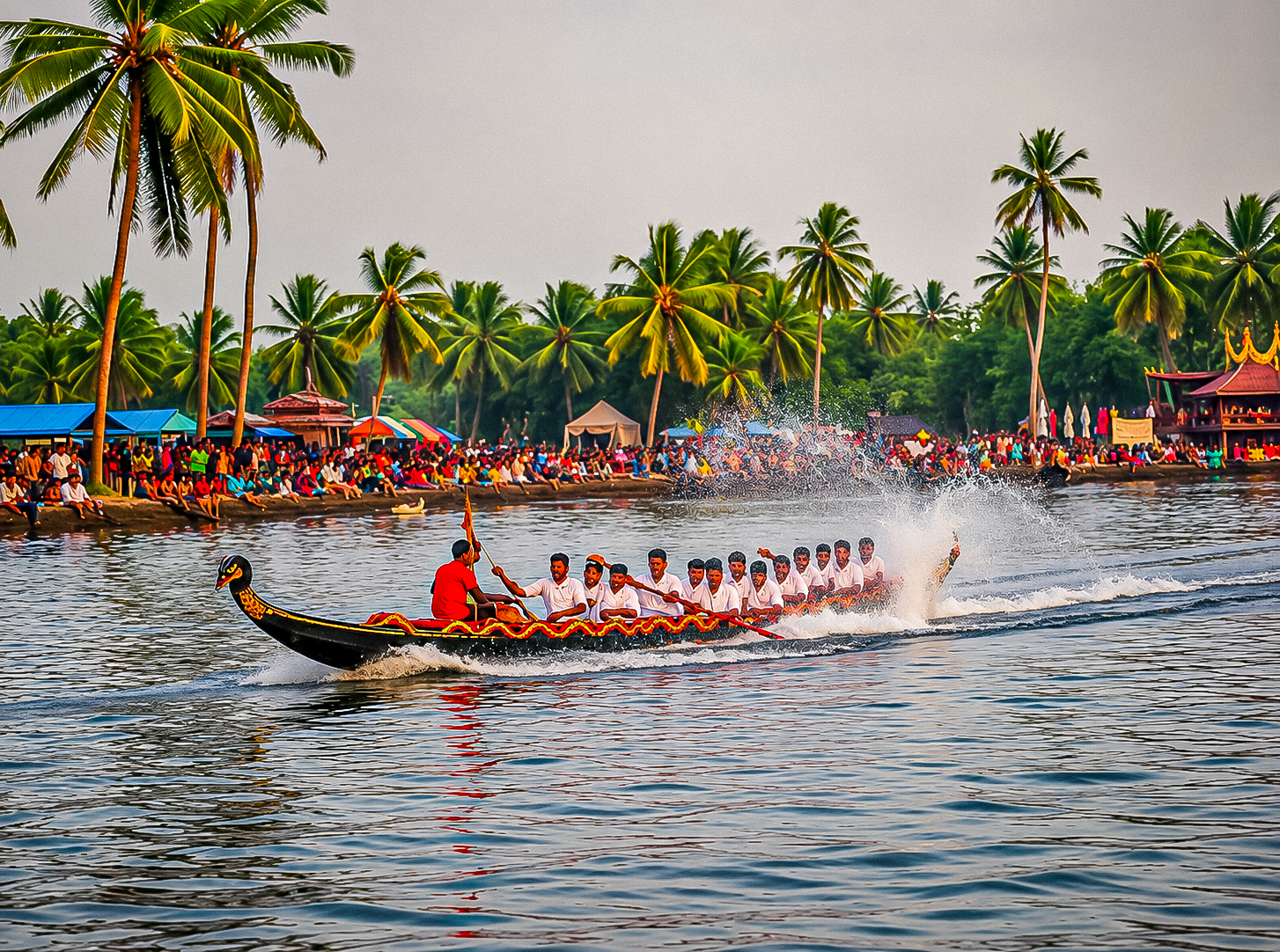 Realistic Kerala snake boat race during a festive celebration, with rowers paddling a traditional long snake boat across the backwaters, splashing water, surrounded by coconut palm trees and a large crowd along the riverbank. Copyright: © Ri Imprint. All rights reserved. Original AI-generated artwork created for Ri Imprint.