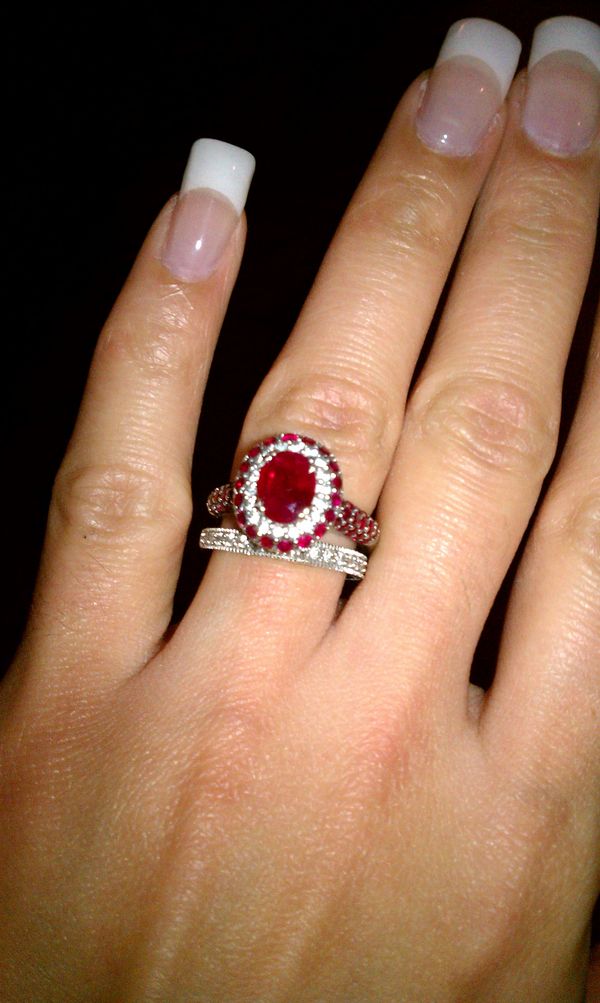 Setting stones doesn't have to be difficult. Ruby and Diamond Engagement Ring + Wedding Band - RingSpotters