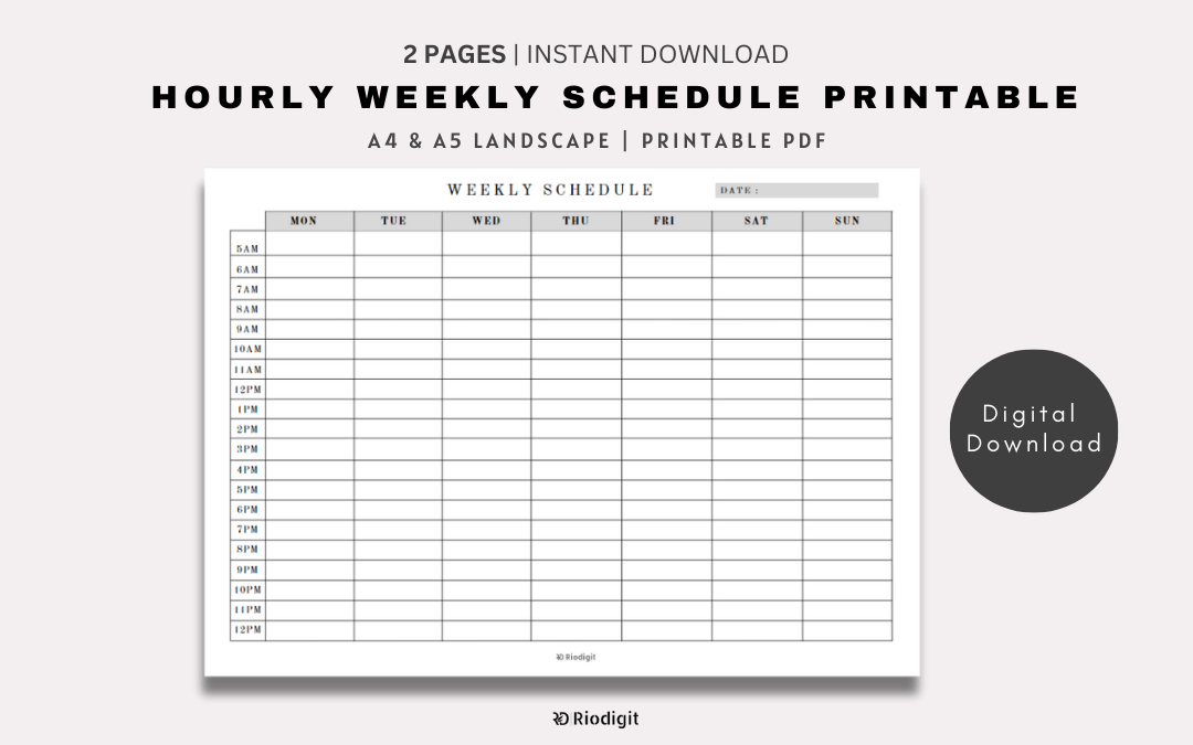 Hourly Weekly Schedule Printable  Landscape