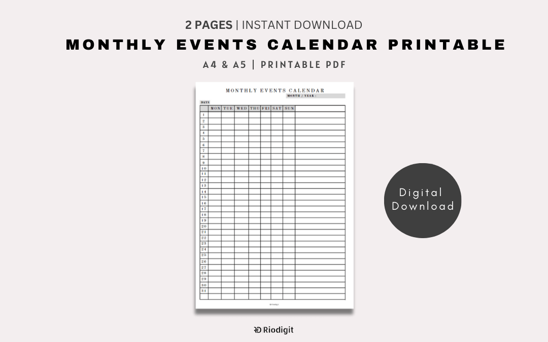 Monthly Events Calendar Printable