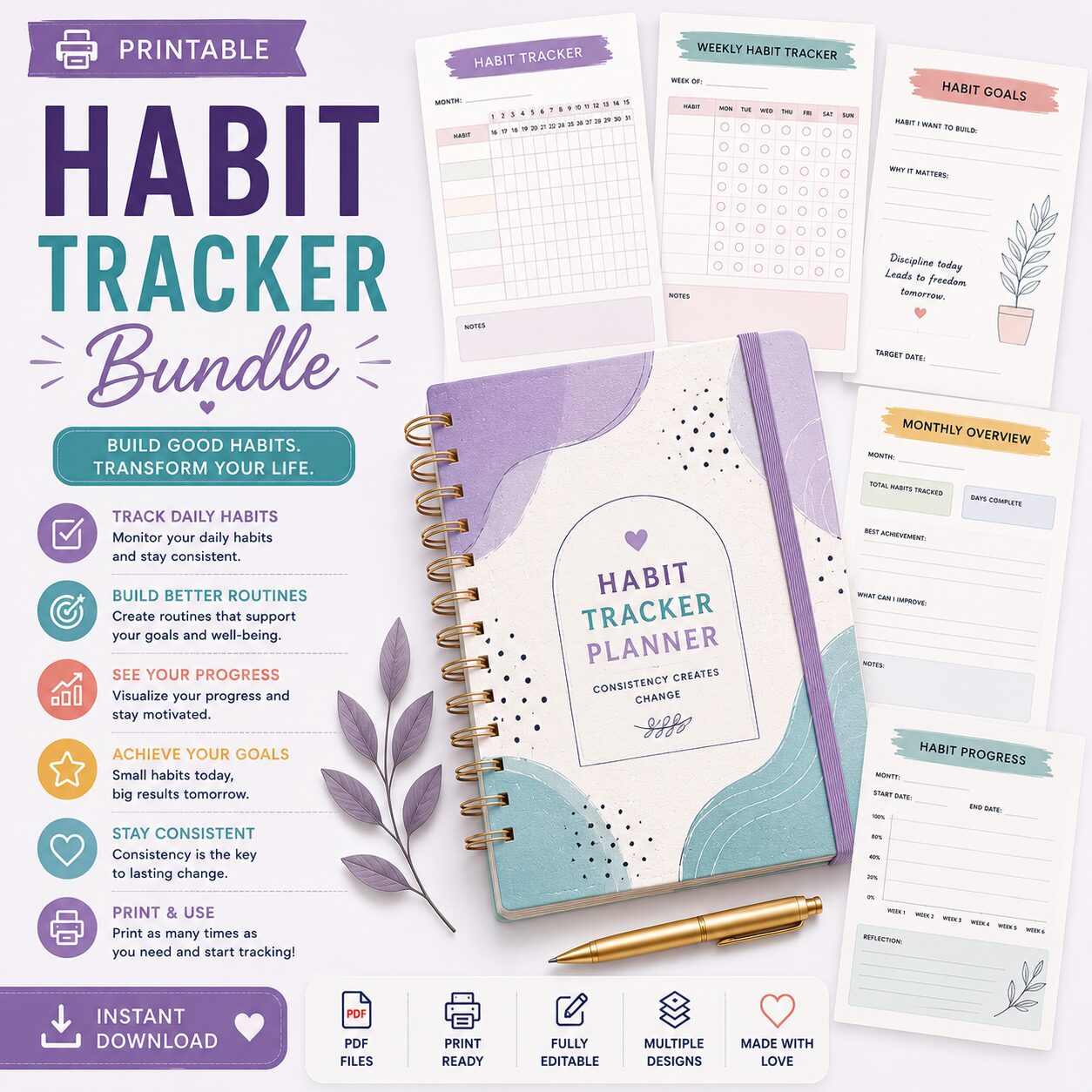 Habit Tracker Bundle featuring printable habit tracker templates for building healthy habits, tracking daily routines, monitoring progress, and improving productivity.