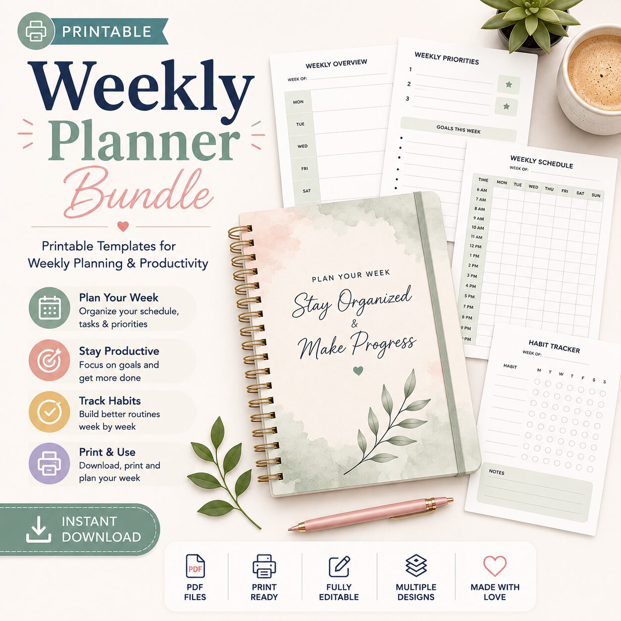 Weekly Planner Bundle featuring printable weekly planner templates for organizing schedules, tracking goals, managing tasks, planning meals, and improving weekly productivity.