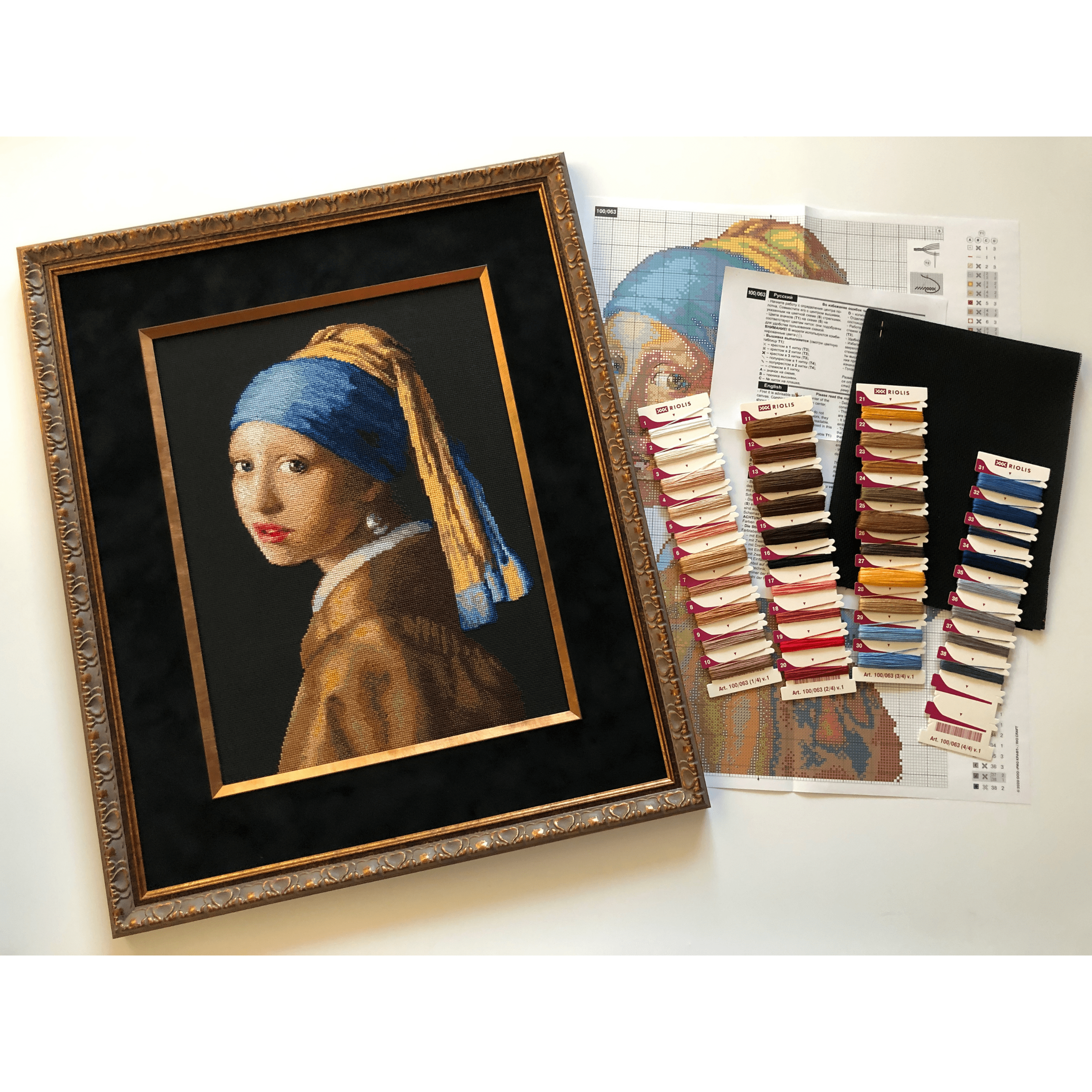 Cross-stitch embroidery of Vermeer’s Girl with a Pearl Earring, featuring a young woman wearing a blue and yellow headscarf and pearl earring. Set against a dark black background in an ornate silver frame. Design from RIOLIS kit 100/063.