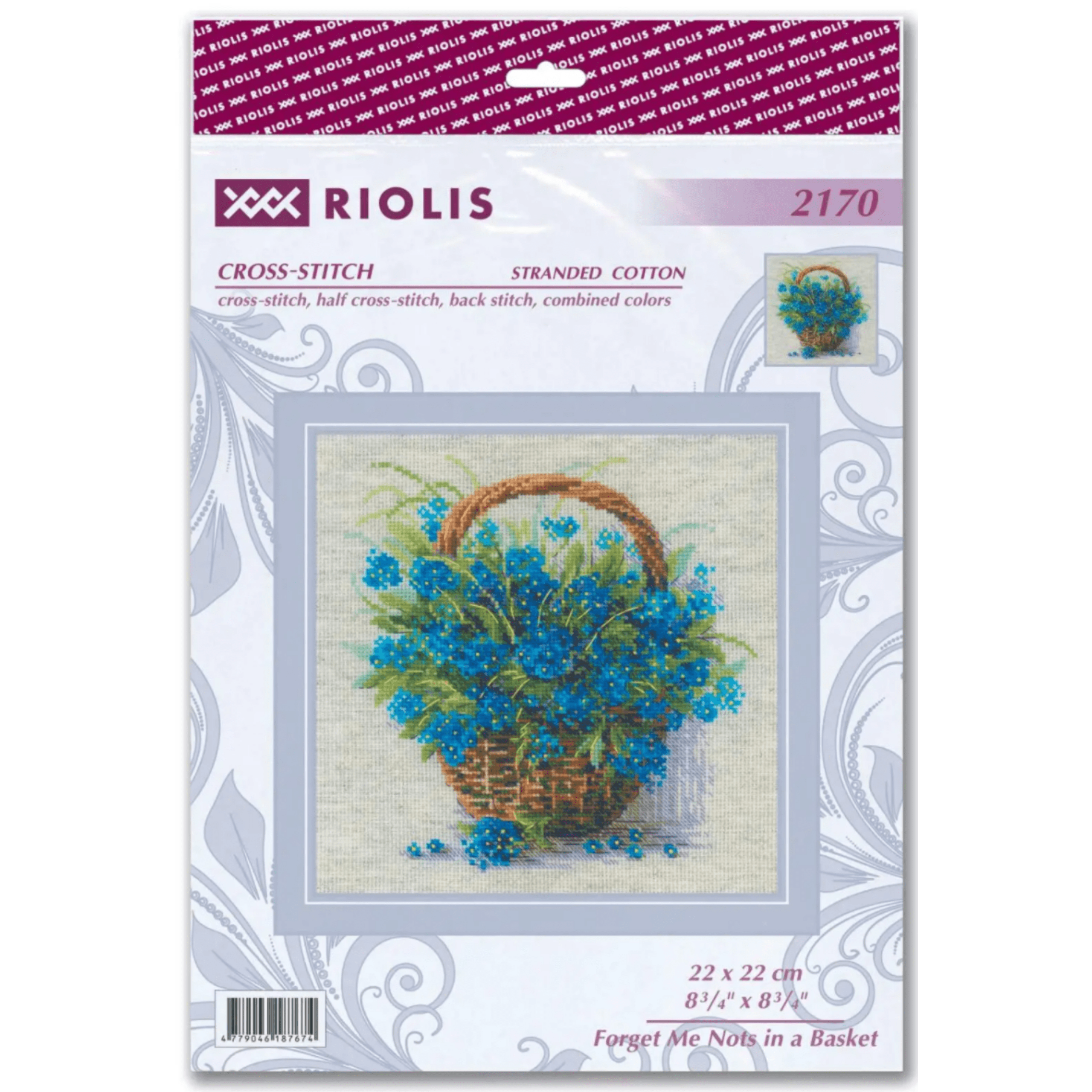 Cross-stitch design of a wicker basket overflowing with vibrant blue forget-me-not flowers with scattered petals around it.