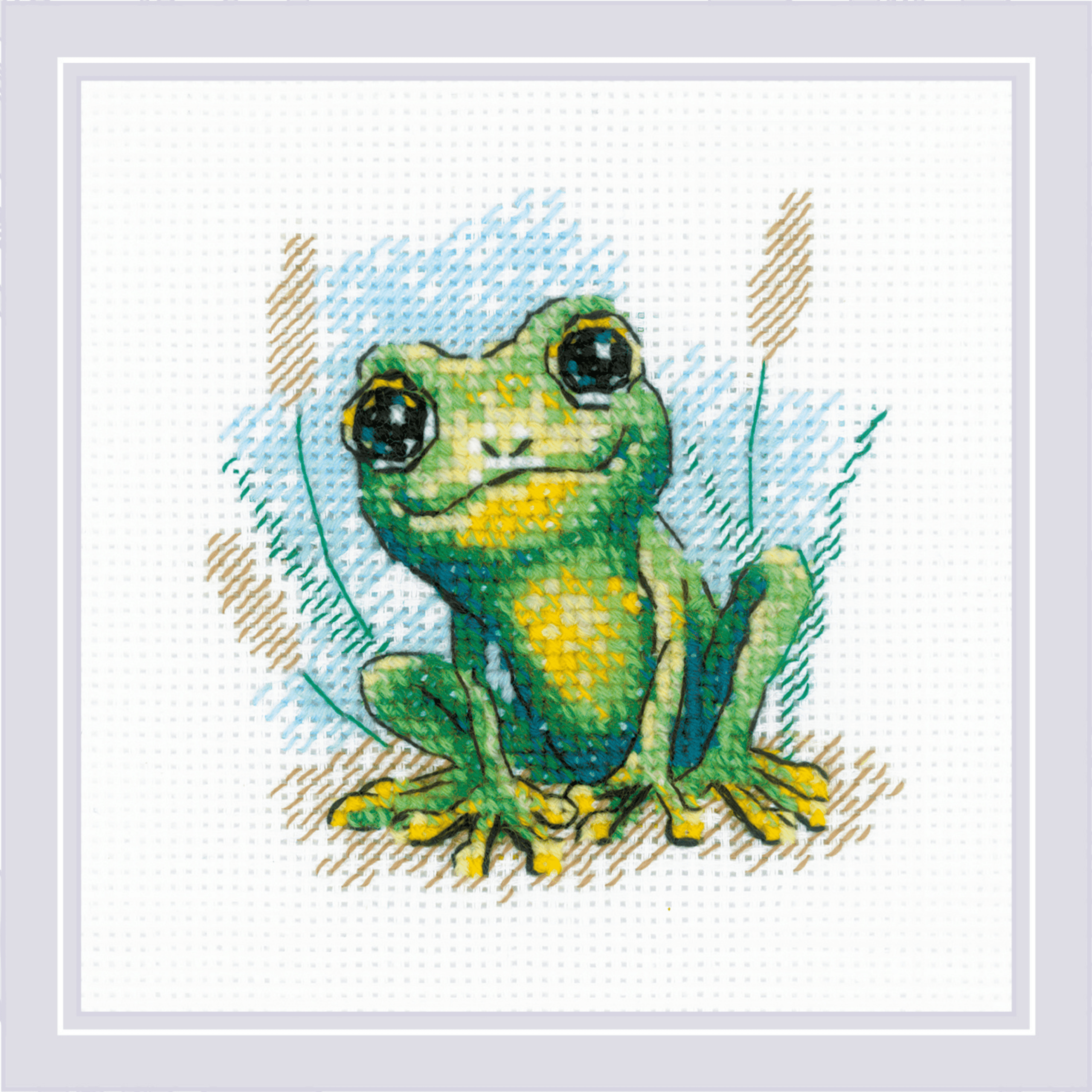 Cross-stitch design of a small green frog with bright yellow accents sitting in grass with a watercolor-style background.