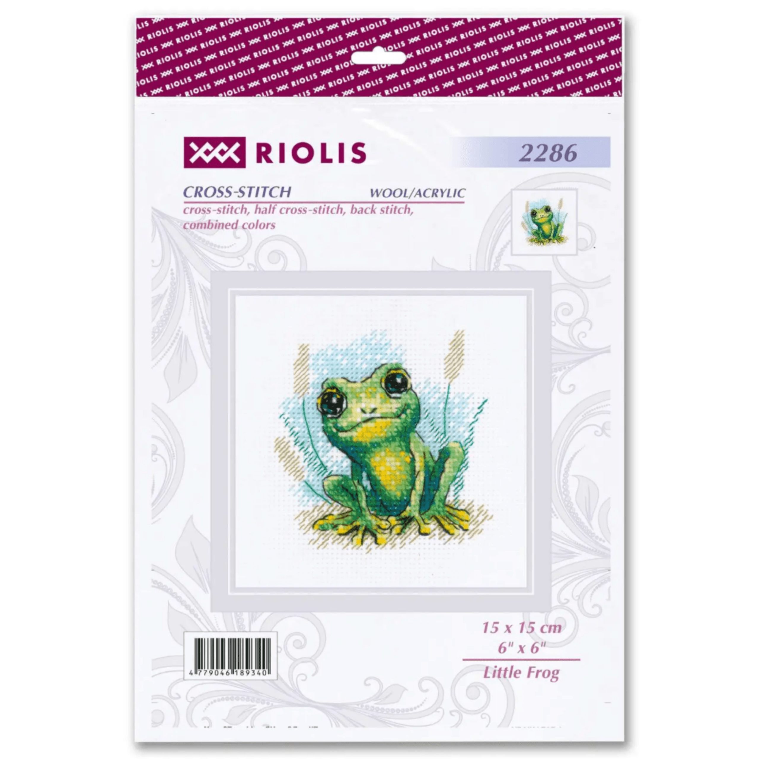 Cross-stitch design of a small green frog with bright yellow accents sitting in grass with a watercolor-style background.