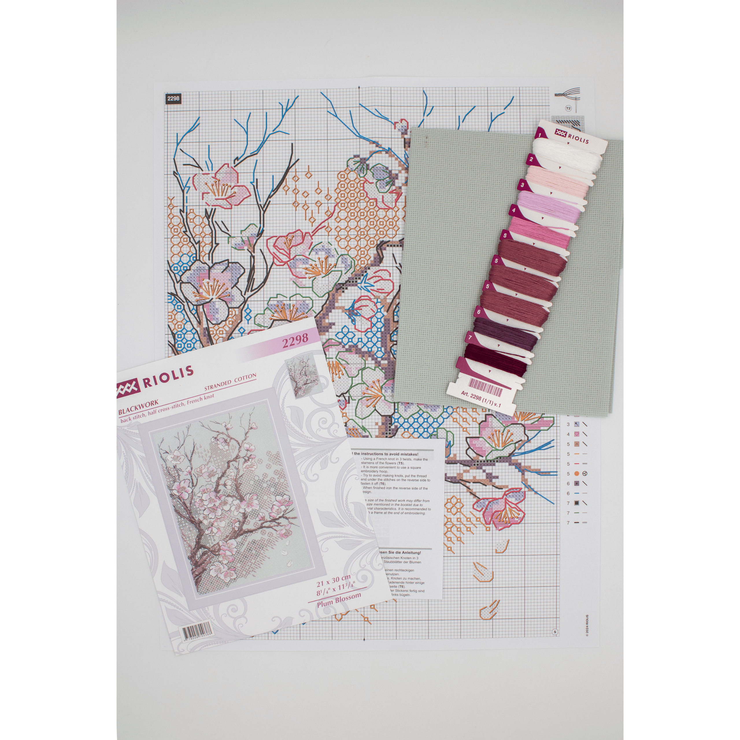 An elegant blackwork embroidery of plum blossom branches with soft pink flowers and geometric patterns on a pale background.