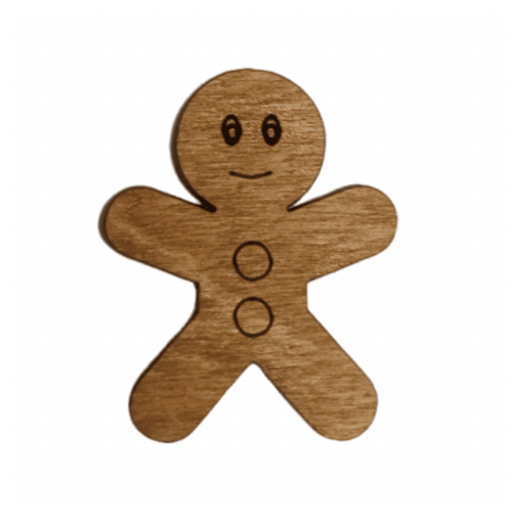Wooden magnetic needle minder shaped like a gingerbread man with engraved facial details.