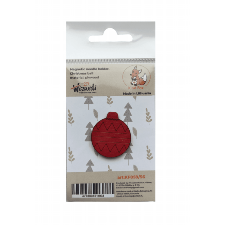 Red wooden Christmas ball needle minder with engraved zigzag detail.