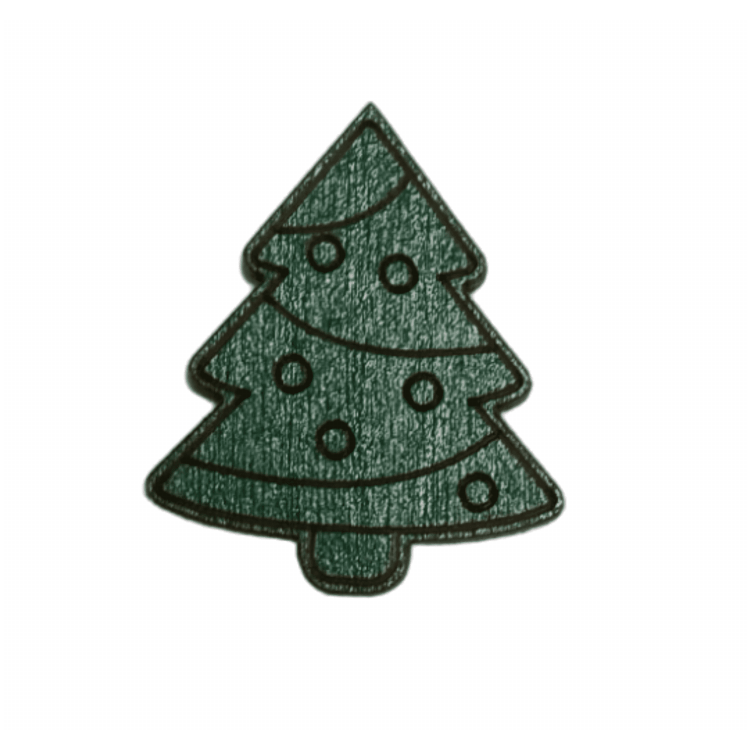 Wooden magnetic needle minder shaped like a decorated green Christmas tree.
