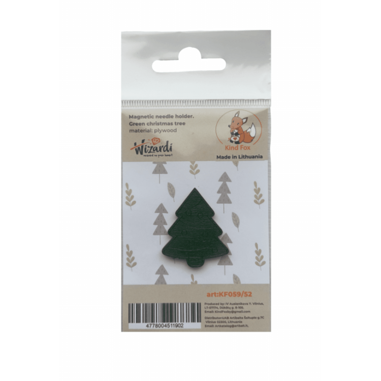 Wooden magnetic needle minder shaped like a decorated green Christmas tree.
