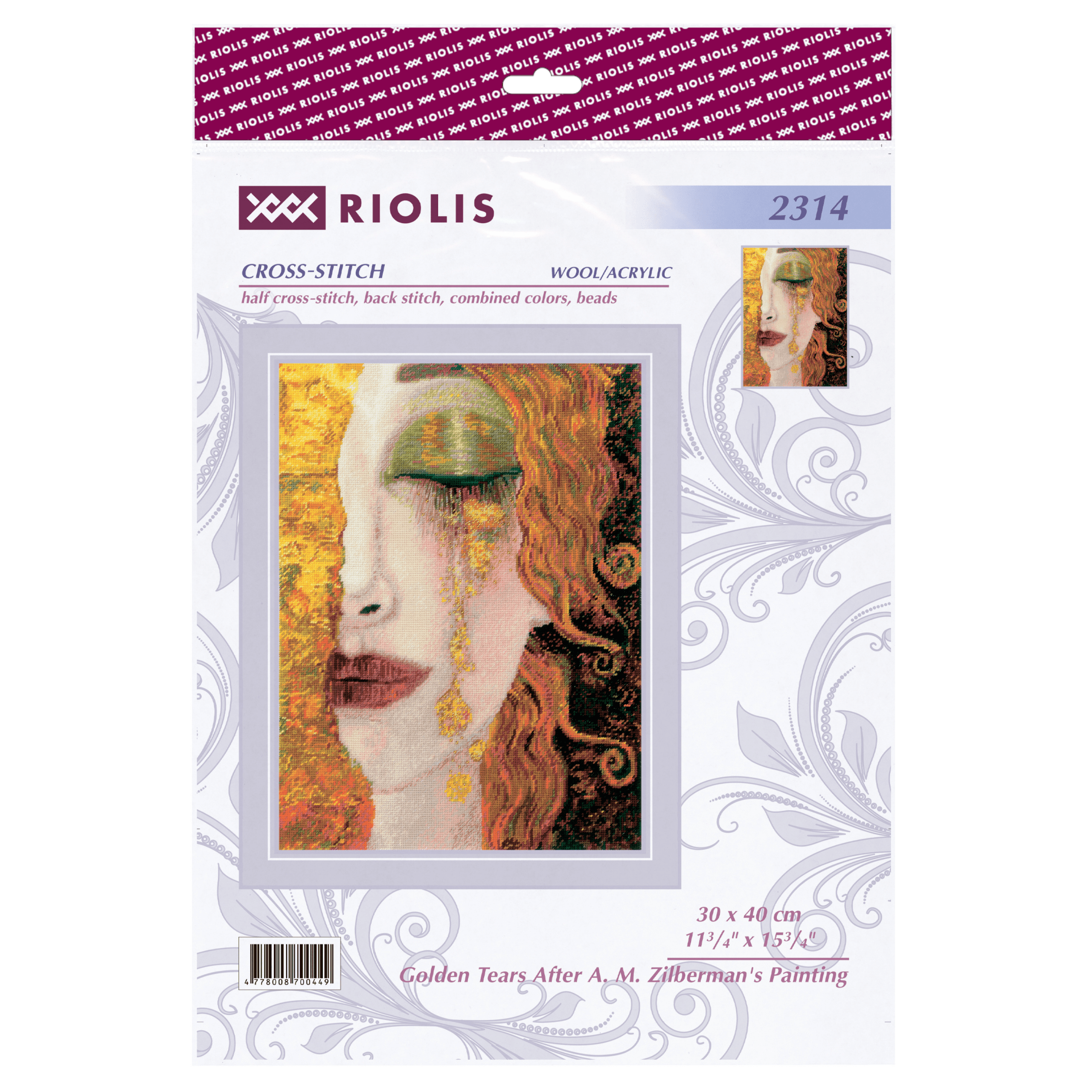 Cross-stitched portrait of a woman with flowing auburn hair, green eyeshadow, and golden tears against a richly textured gold background.