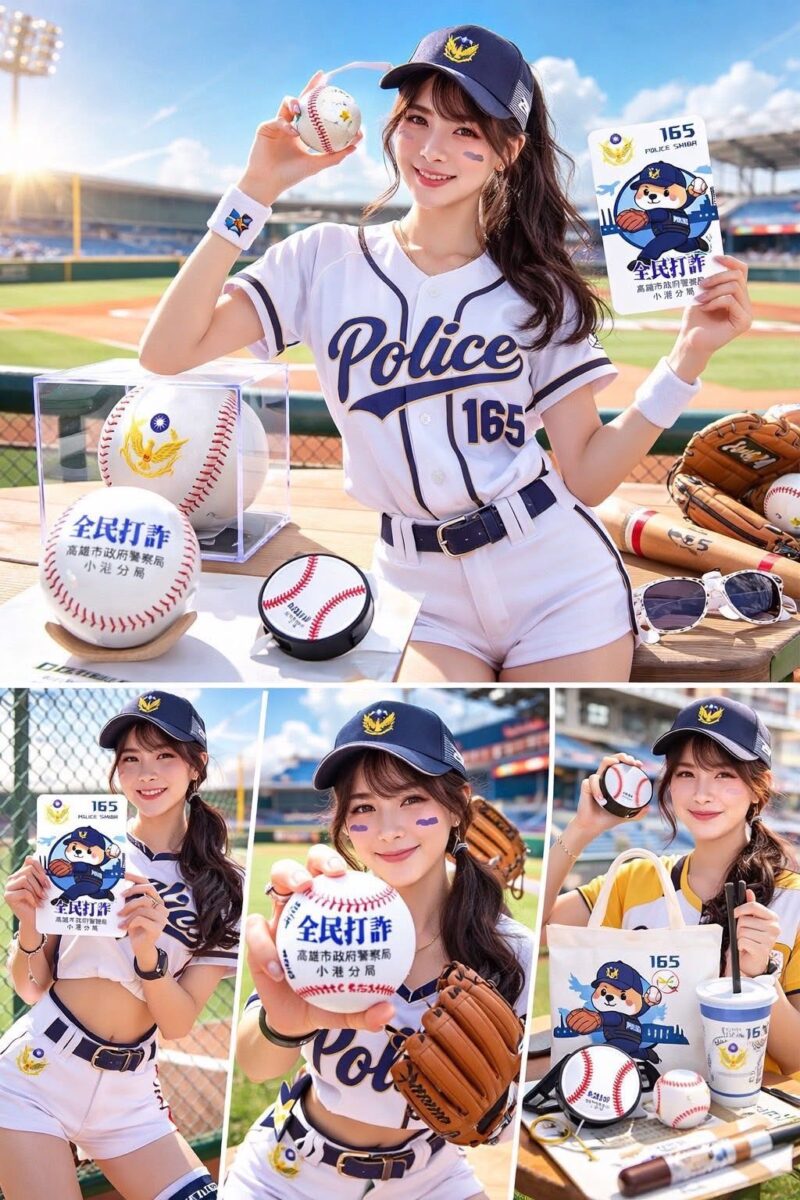 投手全力投球將詐騙字樣三振出局，象徵警方防詐決心。