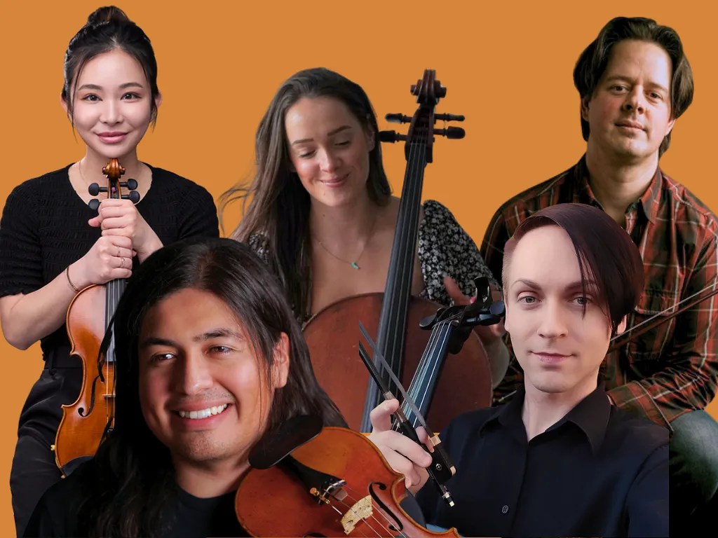 5 headshots and photos of people playing their string instruments against an orange background. Image promotes the Desert Opus – Summer of Schubert Concert.