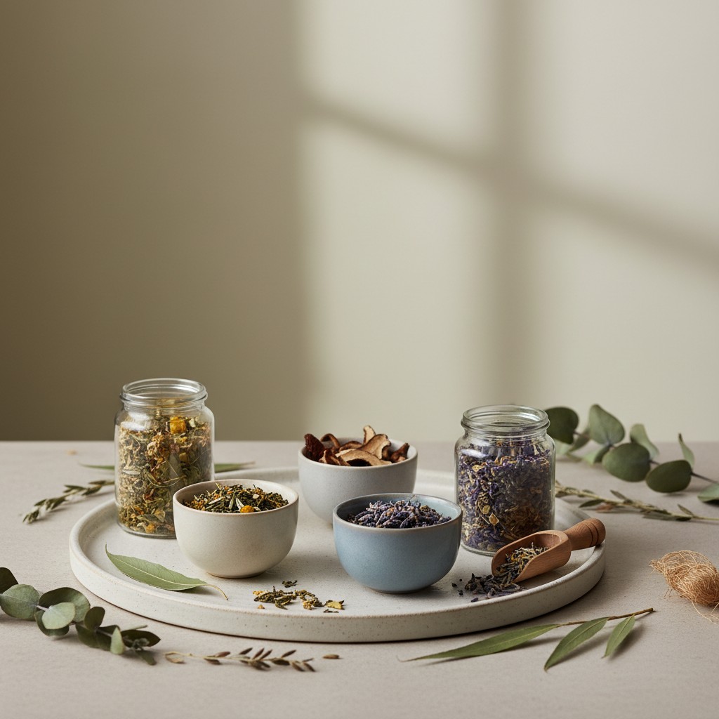 Dried herbal ingredients arranged on a tray, featuring a selection of herbs, leaves, and flowers.