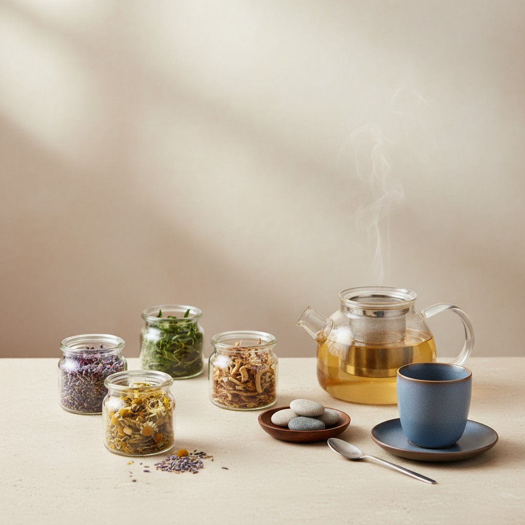 A photograph of a steaming teapot and various dried flowers in jars and a cup on a table.