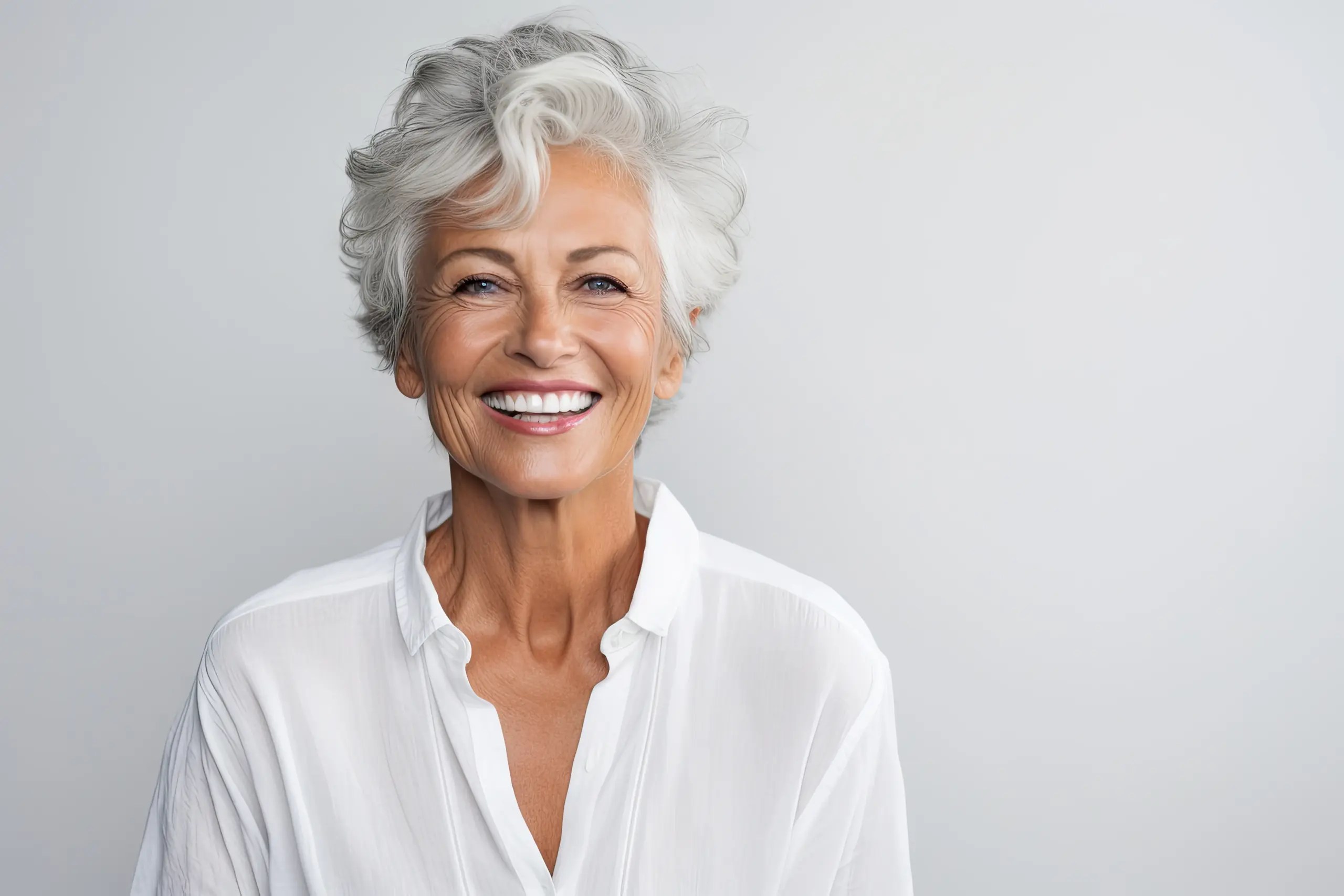 A radiant older woman with a confident smile, showcasing the transformative power of Dentures in Thayne at Riverside Dental
