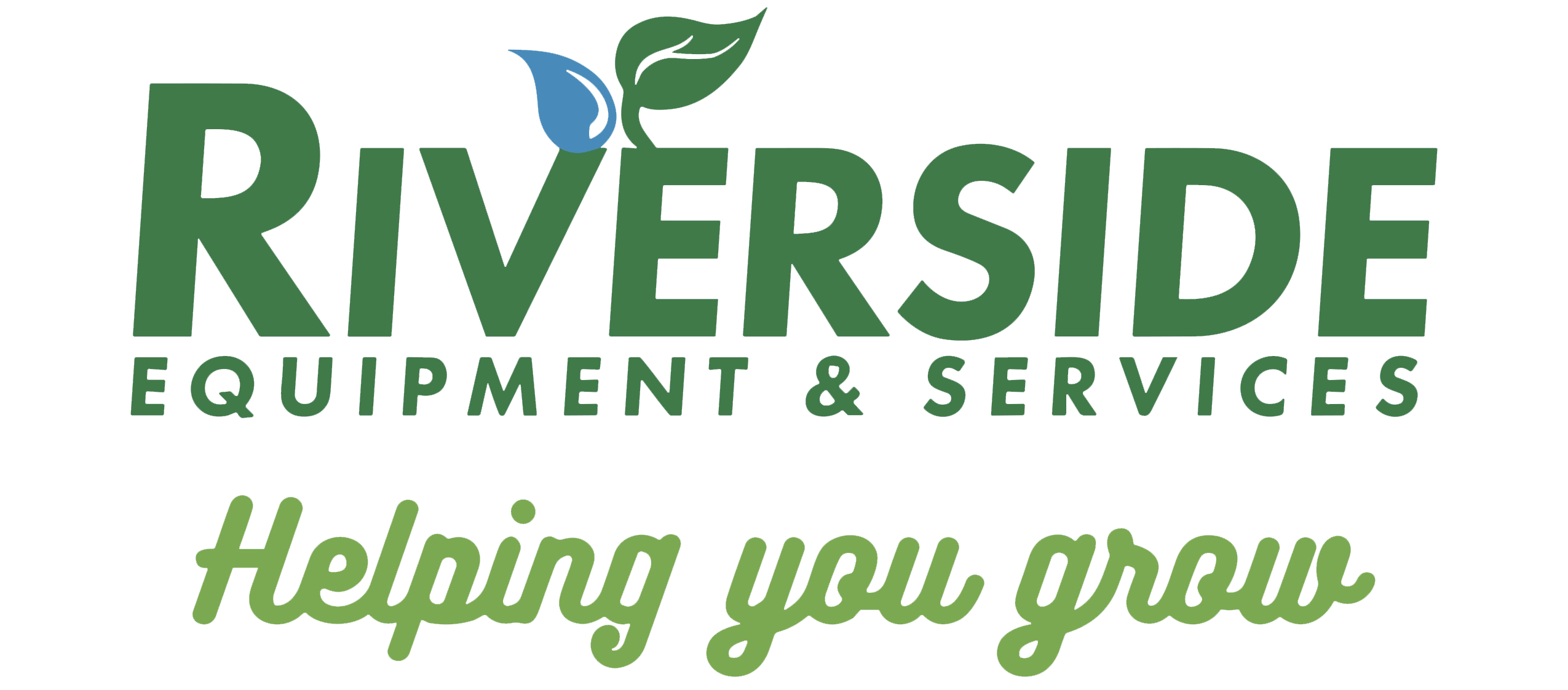 Logo for Riverside Equipment & Services. The word Riverside is green with a blue water droplet and green leaves above the V. Below, it says EQUIPMENT & SERVICES and Helping you grow in green script.