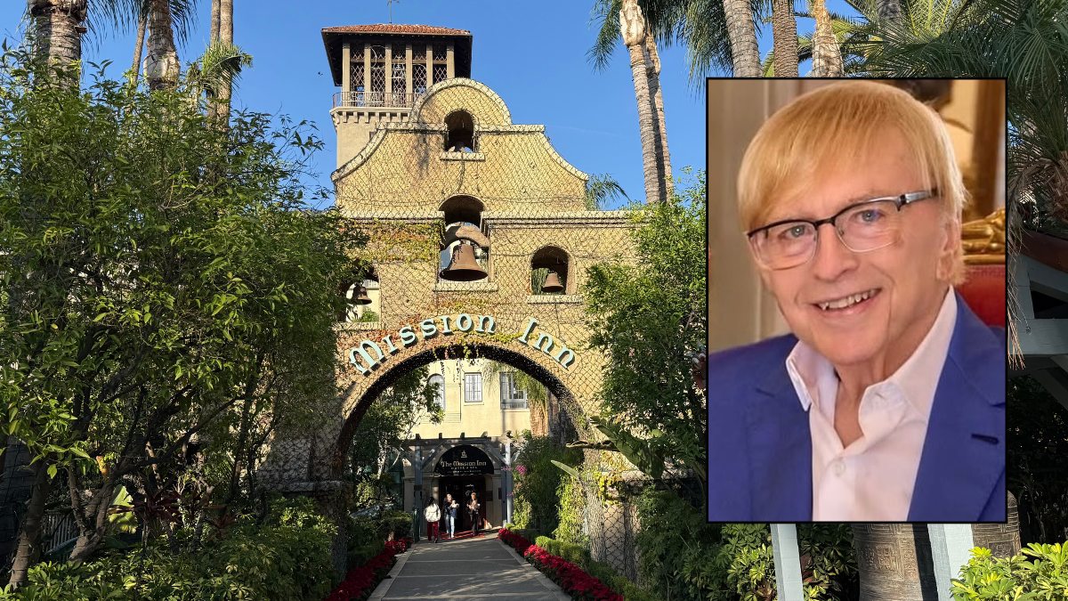 A photo of the Mission Inn Hotel & Spa with a portrait of Duane Roberts on top