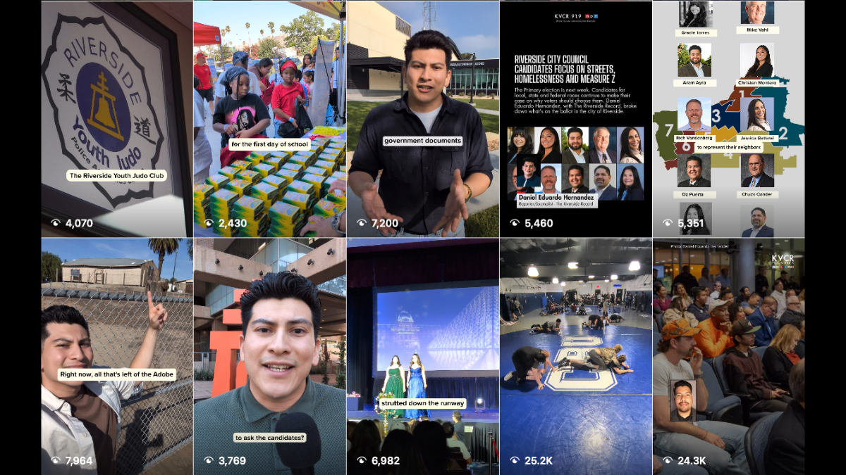A screenshot showing six videos produced by reporter Daniel Eduardo Hernandez and posted to The Riverside Record's Instagram page.