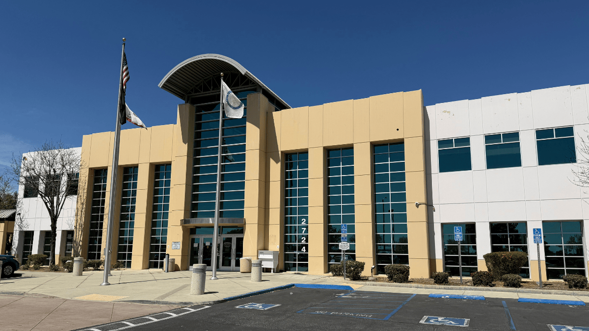 An exterior photo of the Riverside County Registrar of Voters' office.