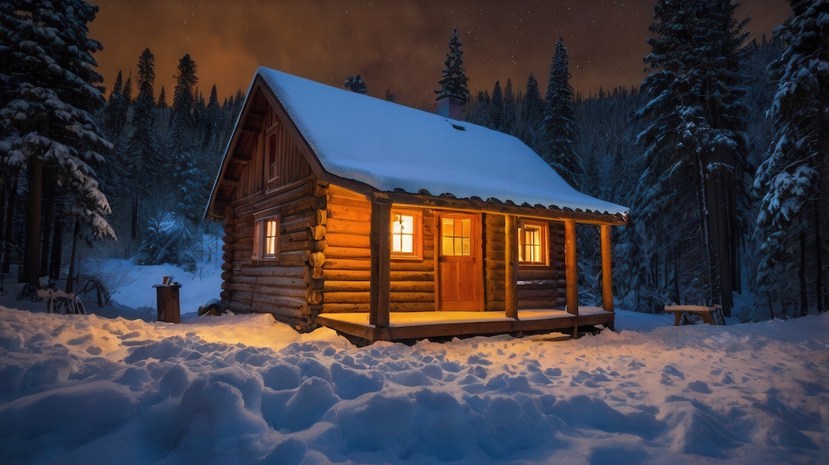 log cabin in the mountain on winter