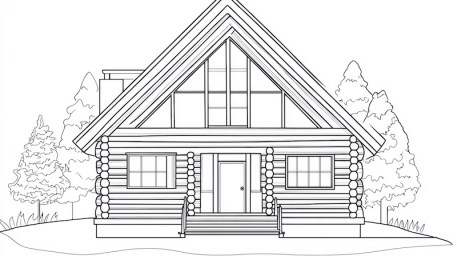A black and white line drawing of a log cabin. The design is simple and outlined, showcasing the structure and windows. The style is straightforward and likely intended for illustrative or educational purposes. The image is likely suitable for various creative commercial or editorial projects.