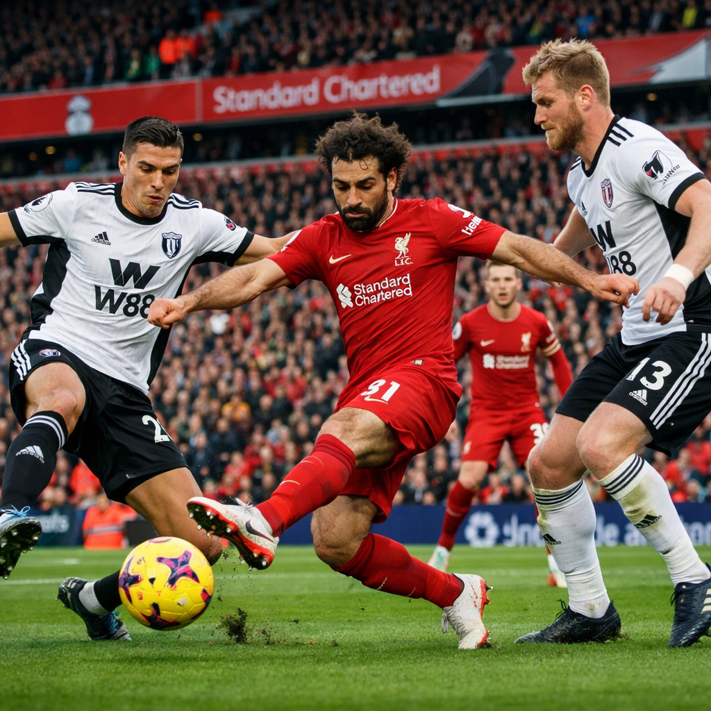 Liverpool vs Fulham Mohamed Salah kicking a soccer ball surrounded by two opposing defenders