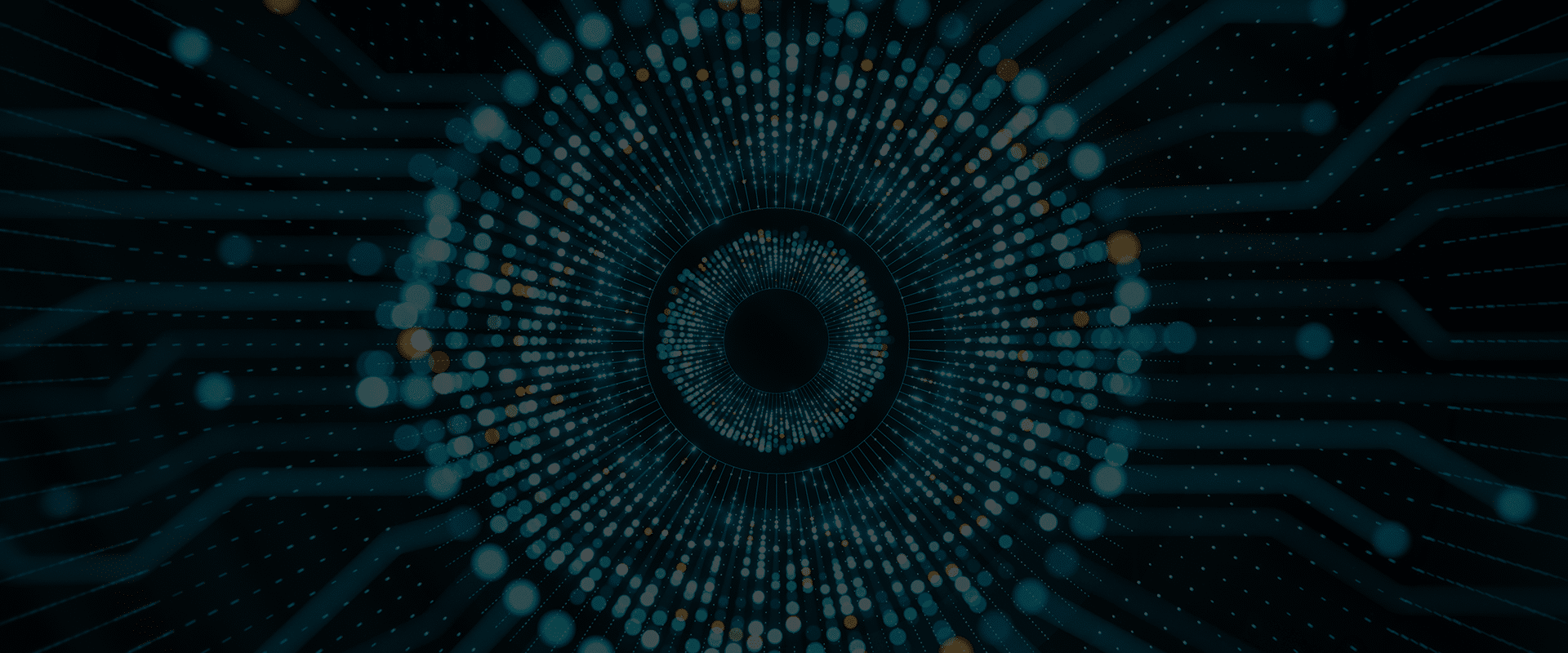 Blue and yellow dots form a circular pattern radiating from a dark center, resembling a digital eye with circuit-like lines in the background.