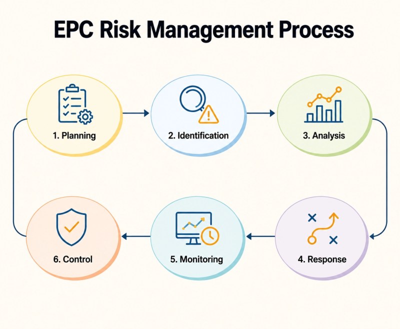 Minimal infographic showing the six-step EPC project risk management lifecycle