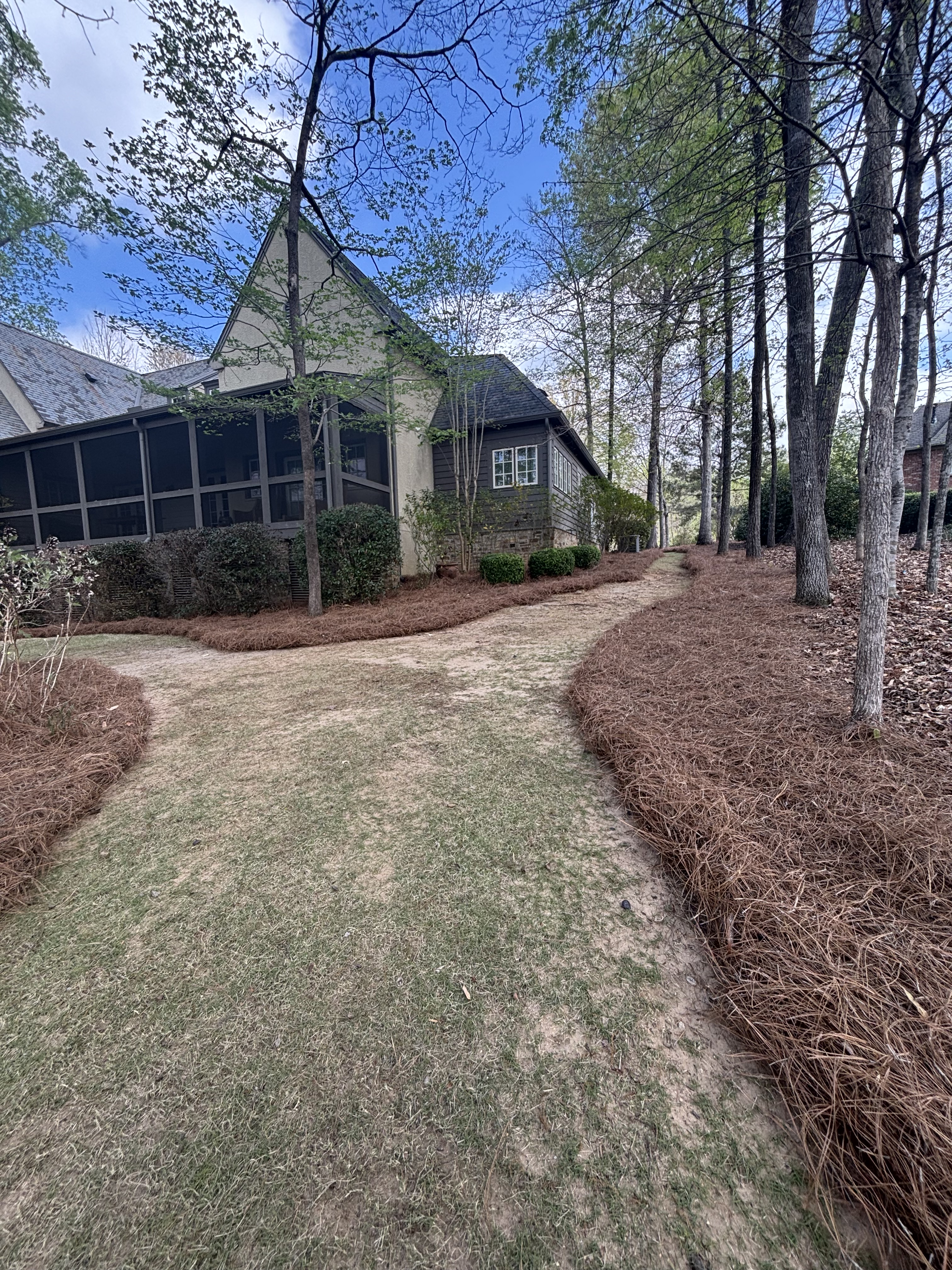 Professional pine straw installation at an Auburn area property