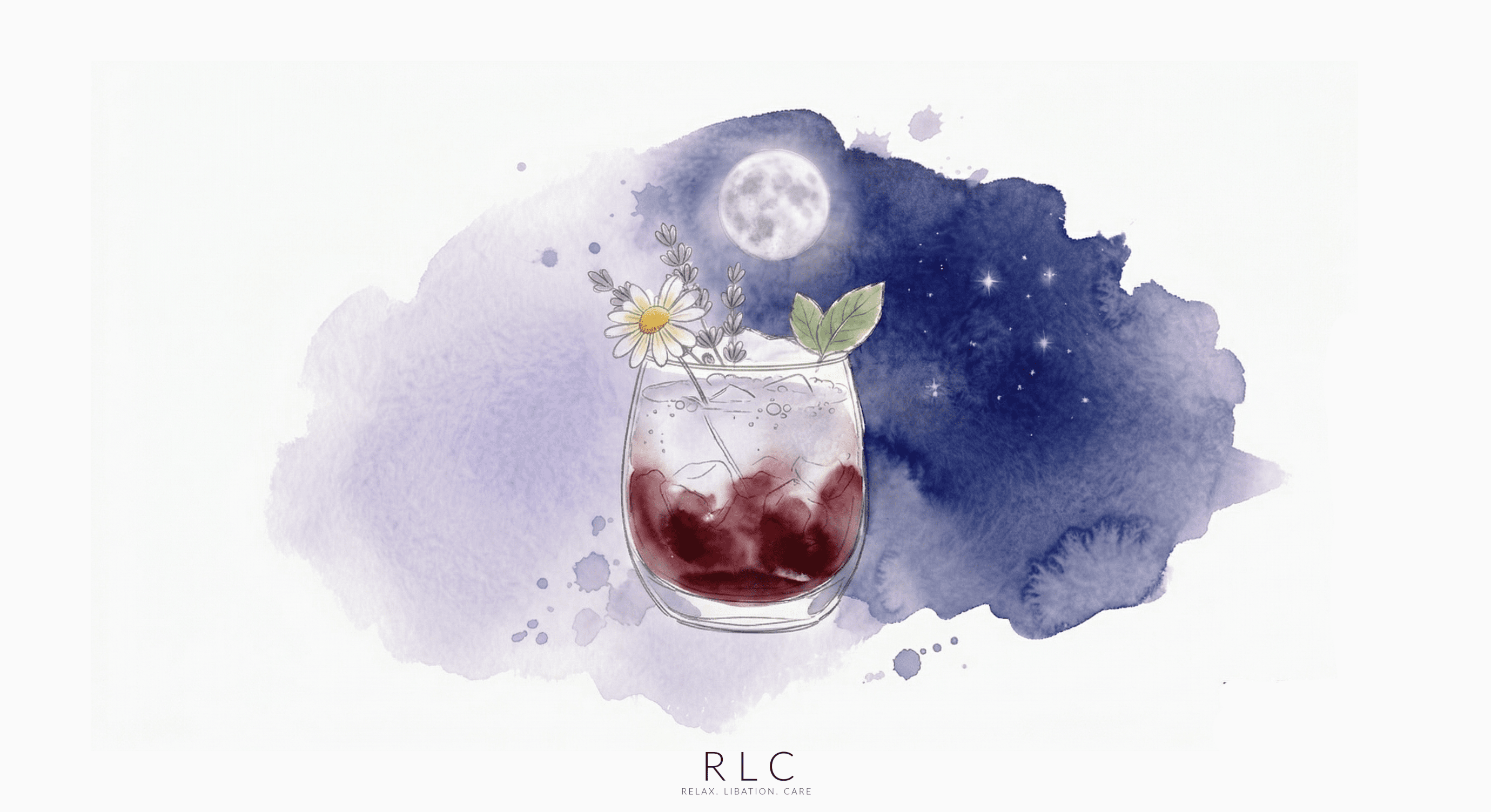 Watercolor illustration of The Midnight Wash tart cherry evening mocktail, deep garnet red drink in a rocks glass with cherry botanical sketch