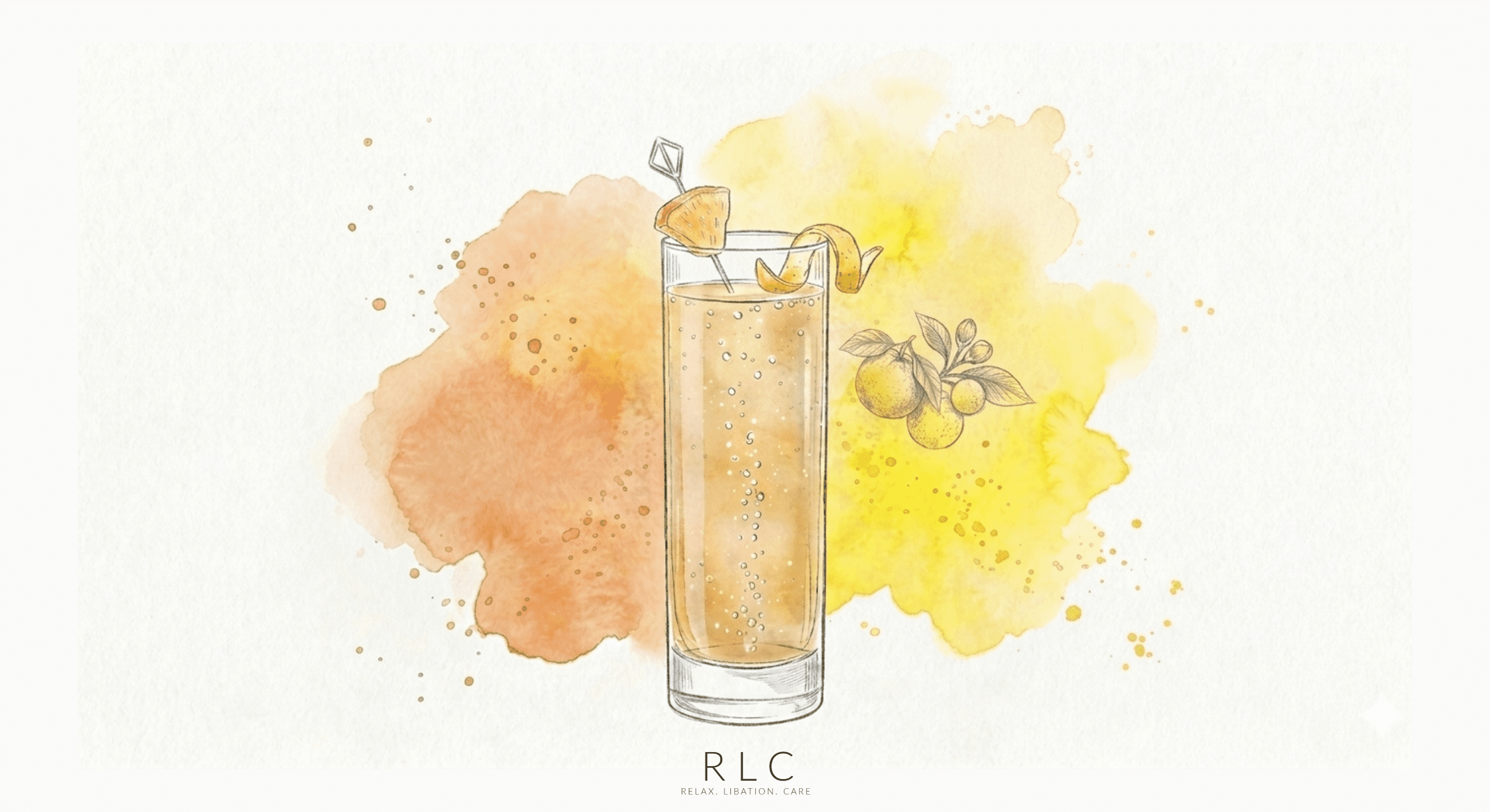 Watercolor illustration of The Social Splatter yuzu ginger sparkling mocktail in a tall highball glass with orange and yellow watercolor splash
